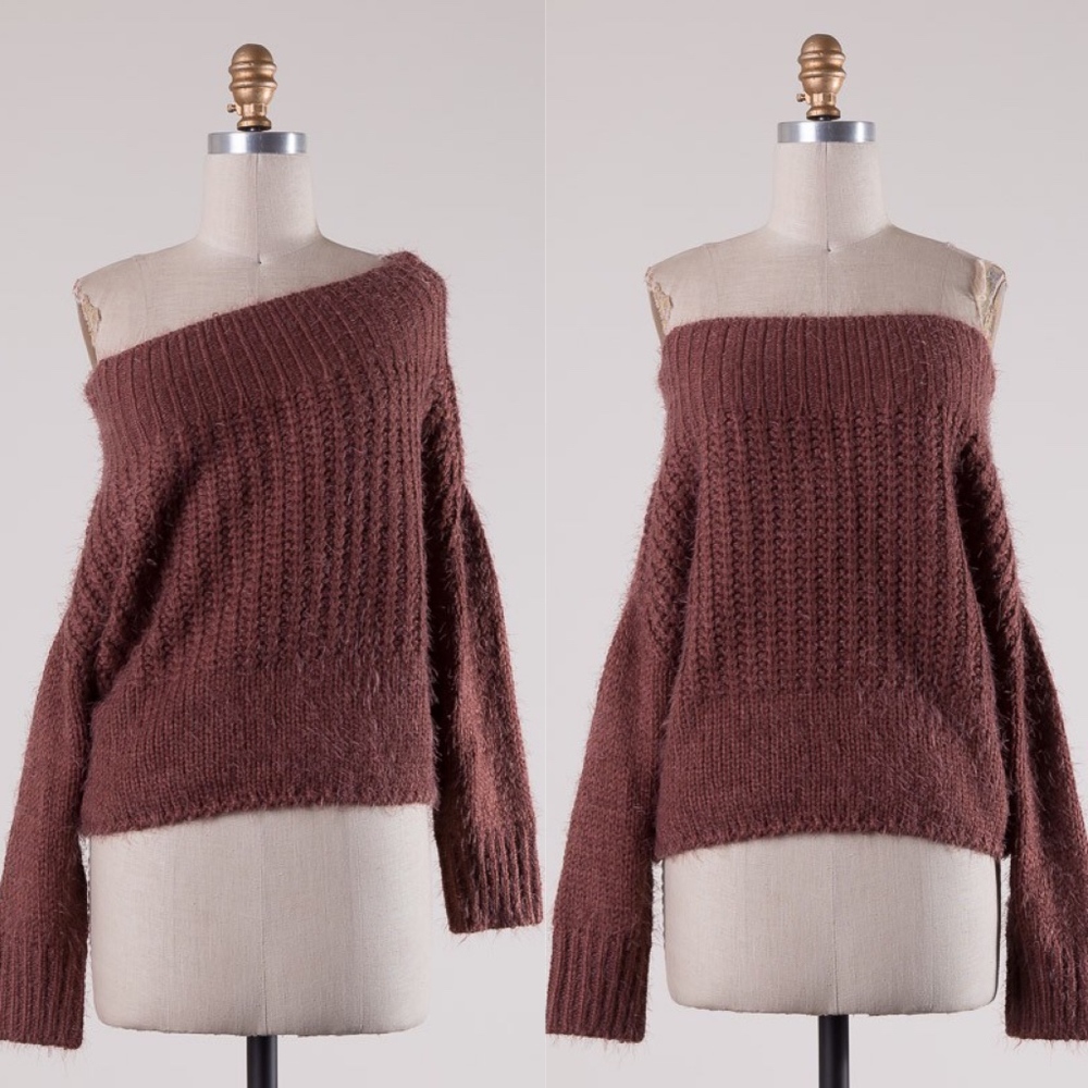 AIKO Off Shoulder Fuzzy Sweater - RED BEAN - Picture 1 of 2